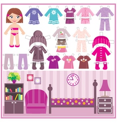 Paper doll with a set of clothes and a room vector image