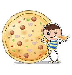 A boy beside a big pizza vector image