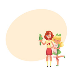 Two girls with pets - fluffy cat kitten and green Two girls with pets - fluffy cat kitten and green vector image