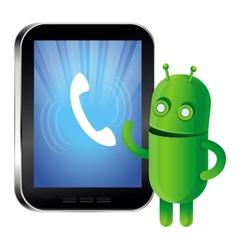 Funny green robot with mobile phone vector image