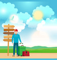 Man near wooden direction sign vector image