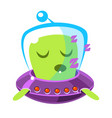 Singing green alien in a flying saucer cute vector image
