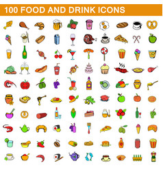 100 food and drink icons set cartoon style vector image