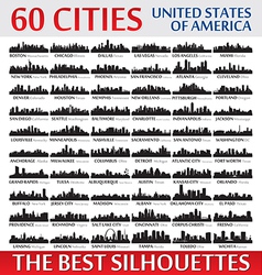 Incredible skyline set 60 city silhouettes of USA Incredible skyline set 60 city silhouettes of USA vector image