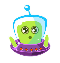 Naive and surprised green alien in a flying saucer vector image