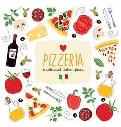 Pizza lettering with cartoon ingredients vector image