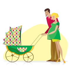 Happy couple carried baby stroller vector image