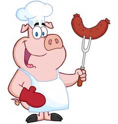 Pig Chef Cartoon Character With Sausage On Fork vector image