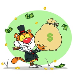 Successful Tiger Holding Up A Bag Of Money vector image