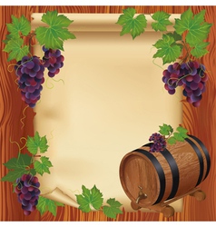 Background with grape barrel and paper on wood vector image