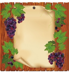 Background with grape and paper on wooden board vector image