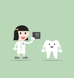 Tooth cartoon female dentist hold dental x-ray vector image