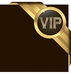 Vip golden label with diamonds and gold ribbon vector image