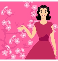 Card with pin up girl and stylized cherry blossom vector image