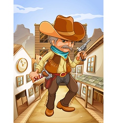 A man holding a gun with a hat outside the saloon vector image