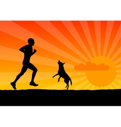 Black silhouette of man with dog vector image