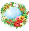 Round banner from tropical flowers and leaves vector image