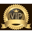 Vip golden label with diamonds and gold ribbon vector image