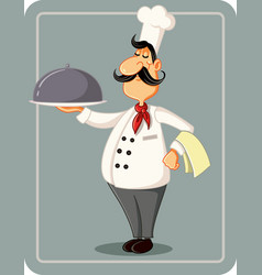 Cartoon chef holding a silver platter illus vector image