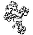 Ancient cross with ribbon around vector image