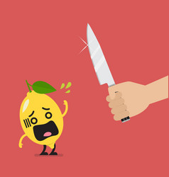 Hand with a knife prepare to cut shocked lemon Hand with a knife prepare to cut shocked lemon vector image
