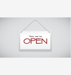 Open sign board hanging on the white wall vector image