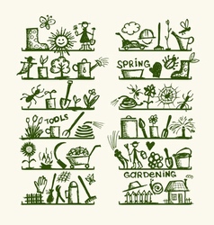 Garden tools on shelves sketch for your design vector image