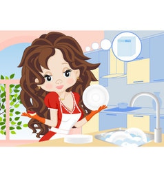 Woman wipes the dishes in the kitchen vector image