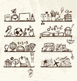Objects for school on shelves sketch drawing for vector image
