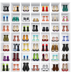 Shoes on shelves of shop vector image