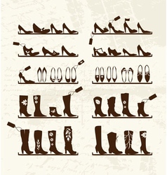 Shoes shop boots on shelves sketch for your design vector image