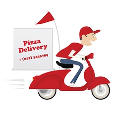 Funny pizza delivery boy riding red motor bike vector image