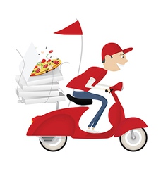 Funny pizza delivery boy riding red motor bike vector image