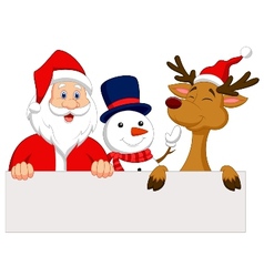 Cartoon Santa Claus reindeer and snowman with bla vector image