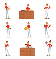 Smiling woman chef cook in white apron preparing vector image