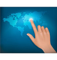 Finger touching world map on a touch screen vector image