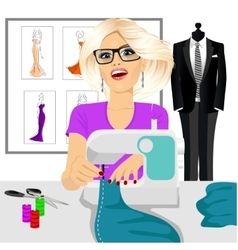 Dressmaker woman using sewing machine vector image