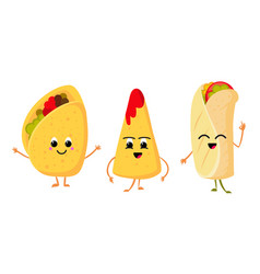 Cute funny corn taco burrito and nachos with vector image