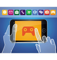Mobile phone with hands and game icon vector image