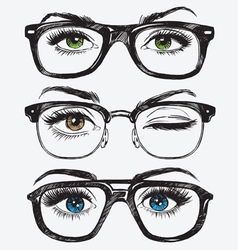 Set of hand drawn womens eyes with glasses vector image