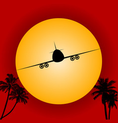 Airplane silhouette over red sky and sun vector image