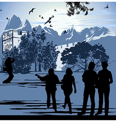 Tourists walk in the territory ancient fortress vector image