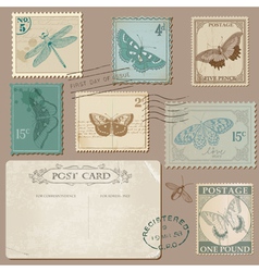 Vintage Postcard and Postage Stamps with Butterfli vector image