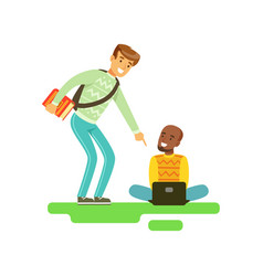 Two young smiling male students speaking friends vector image
