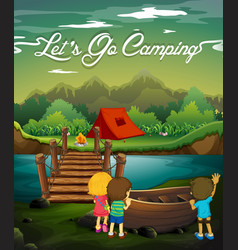 Scene with kids camping by river Scene with kids camping by river vector image