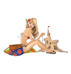 Blond woman on the beach build a castle from sand vector image