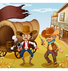 Two men holding guns with a wooden carriage at the vector image
