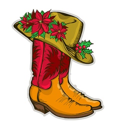 Christmas Cowboy boots and western hat with vector image