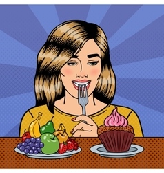 Woman Choosing Food Between Fruits and Cupcake vector image