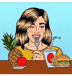 Woman Choosing Between Fruits and Fast Food vector image